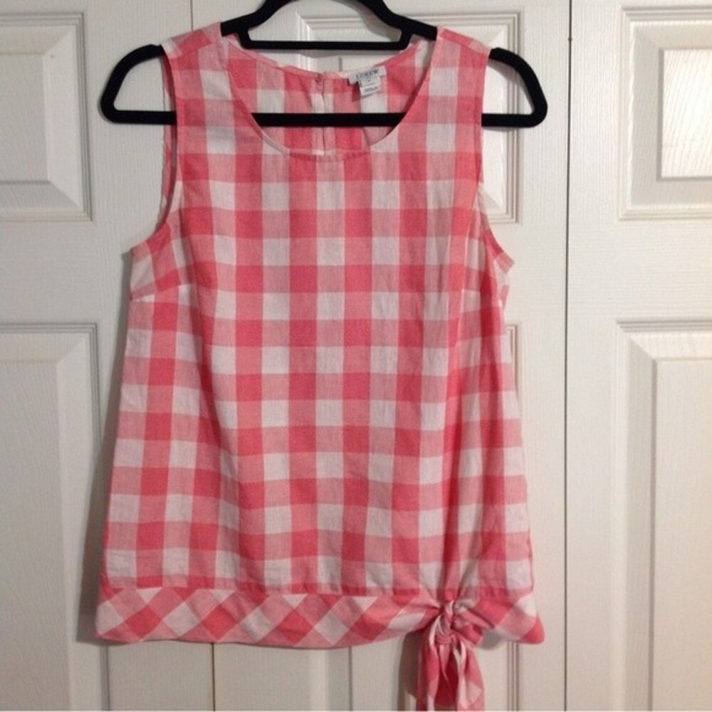 J. CREW Size 2 Peach White Check Cotton Linen Sleeveless Top Keyhole Tie Bow Hem